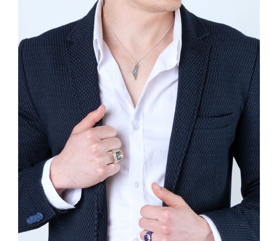 Sterling Silver Mans Ring with Eilat Stone Gold Plated Star of David and Lion