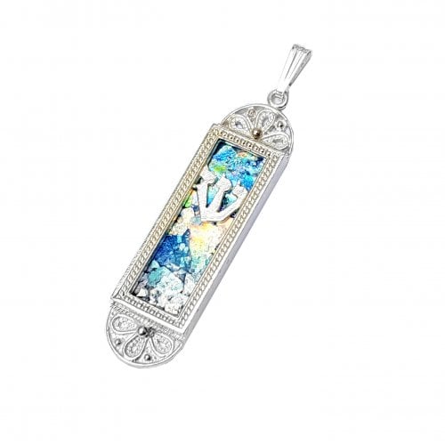 Sterling Silver Mezuzah Design Pendant Necklace with Roman Glass and Filigree