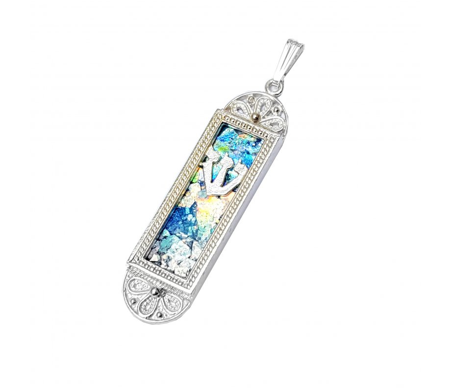 Sterling Silver Mezuzah Design Pendant Necklace with Roman Glass and