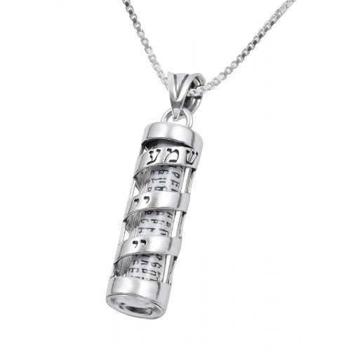 Sterling Silver Mezuzah Pendant Necklace with Spiral Shema Yisrael in Hebrew