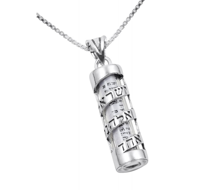 Sterling Silver Mezuzah Pendant Necklace with Spiral Shema Yisrael in Hebrew