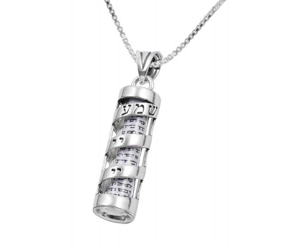 Sterling Silver Mezuzah Pendant Necklace with Spiral Shema Yisrael in Hebrew