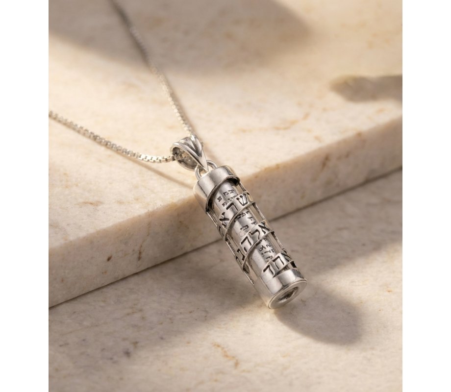 Sterling Silver Mezuzah Pendant Necklace with Spiral Shema Yisrael in Hebrew