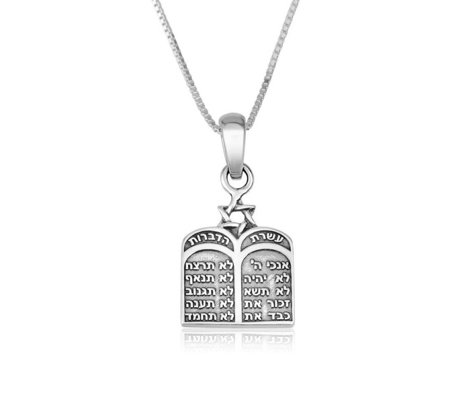 Sterling Silver Necklace - Ten Commandments Tablet Design on Pendant