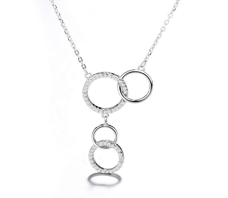 Sterling Silver Necklace, Four Connecting Circles Pendant - Zircons