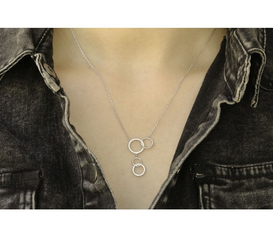 Sterling Silver Necklace, Four Connecting Circles Pendant - Zircons