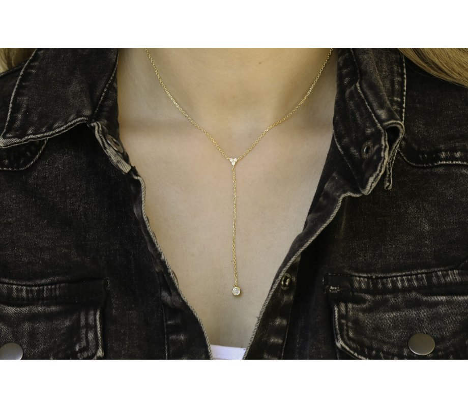 Sterling Silver Necklace Plated with Yellow Gold - Lariat Pendant with Zircons
