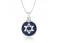 Sterling Silver Necklace, Round Pendant with Star of David on Blue Enamel