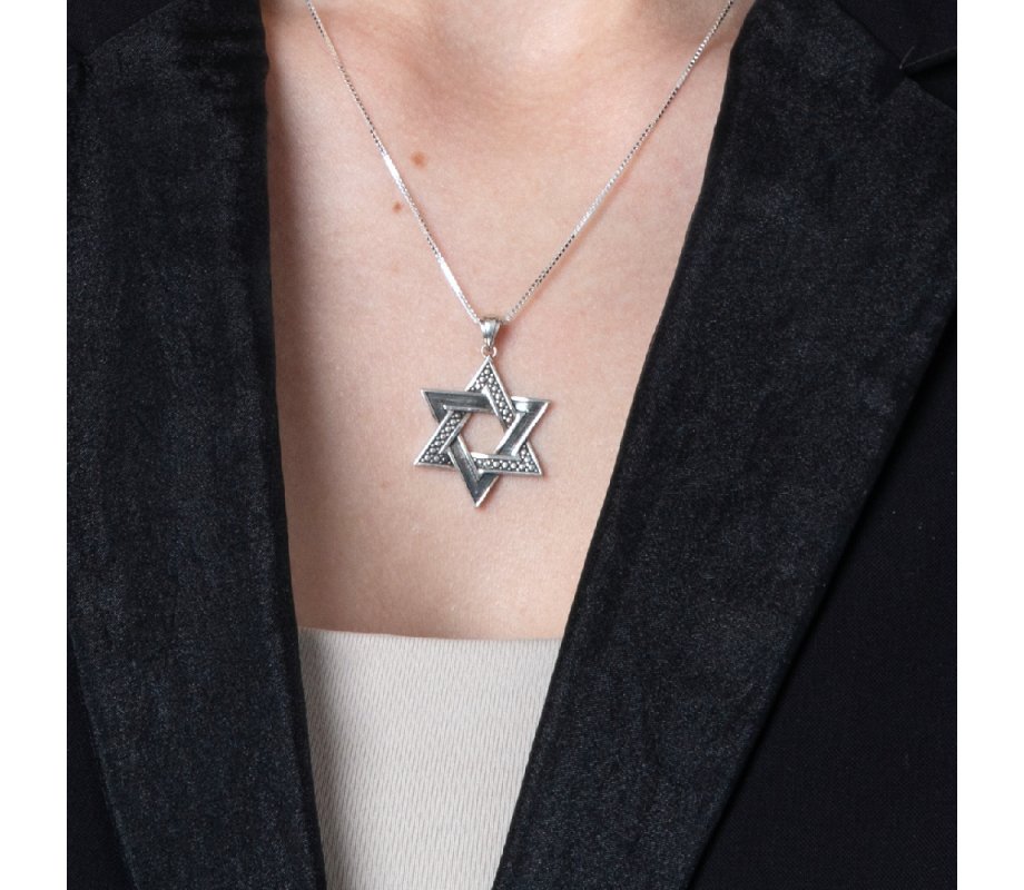 Sterling Silver Necklace, Star of David Pendant – Bead and Smooth Design
