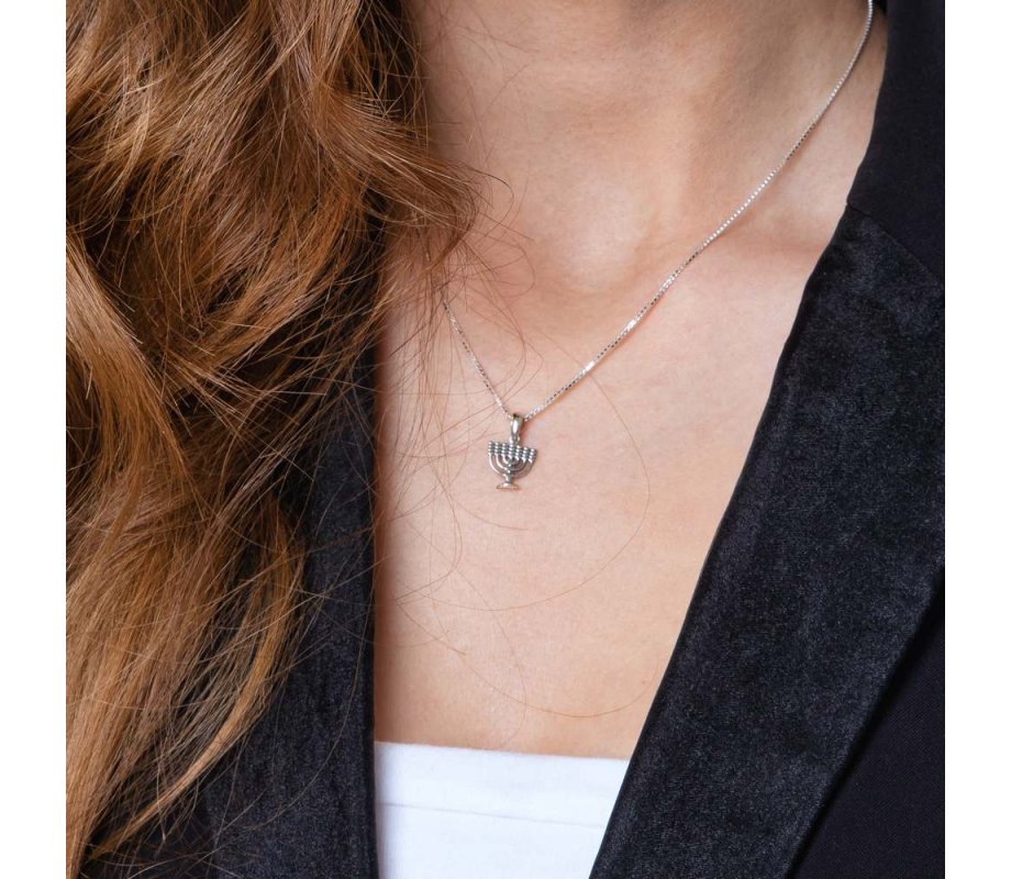 Sterling Silver Necklace with 7-Branch Temple Menorah Image Pendant