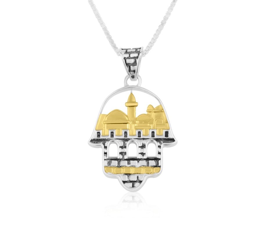 Sterling Silver Necklace with Decorative Hamsa Pendant - Gold Jerusalem Images