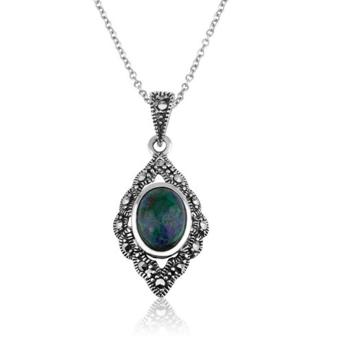 Sterling Silver Necklace, with Eilat Stone Pendant in Diamond Marcasite Frame