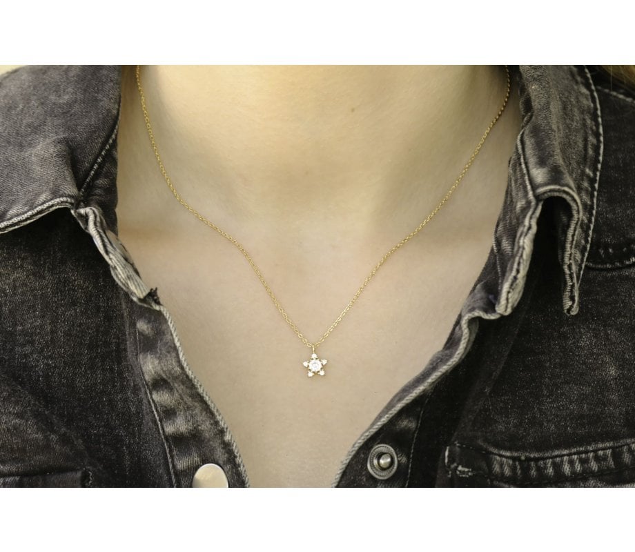Sterling Silver Necklace with Gold Plate - Star of David Pendant with Zircons