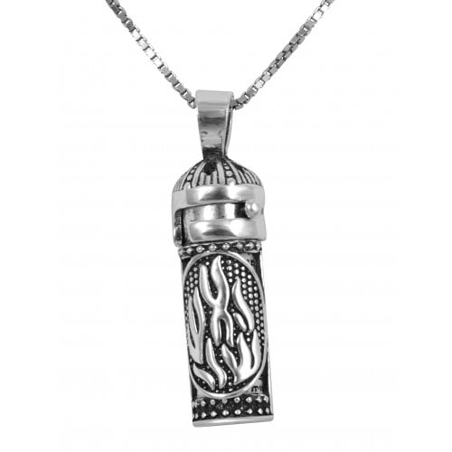 Sterling Silver Necklace with Mezuzah and Scroll Pendant HaEsh Sheli - My Fire & Hamsa