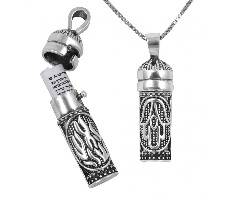 Sterling Silver Necklace with Mezuzah and Scroll Pendant HaEsh Sheli - My Fire & Hamsa