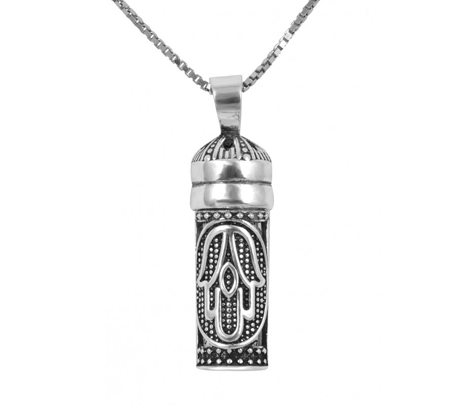 Sterling Silver Necklace with Mezuzah and Scroll Pendant HaEsh Sheli - My Fire & Hamsa