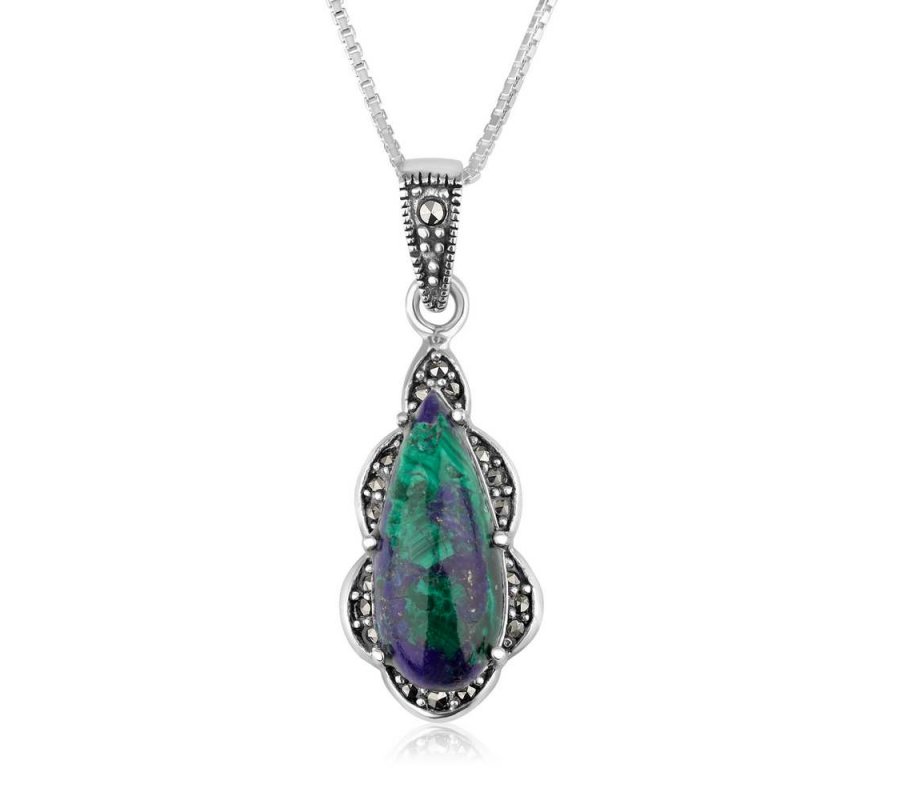 Sterling Silver Necklace with Pear Shape Eilat Stone in Curving Marcasite Frame
