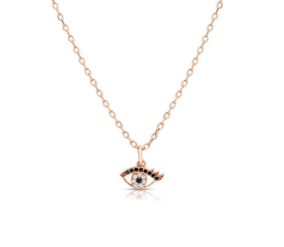 Sterling Silver Necklace with Rose Gold Plate and Zircons - Evil Eye Charm