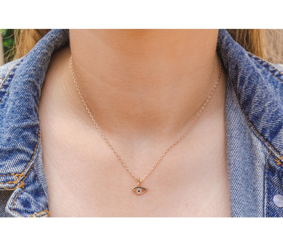 Sterling Silver Necklace with Rose Gold Plate and Zircons - Evil Eye Charm
