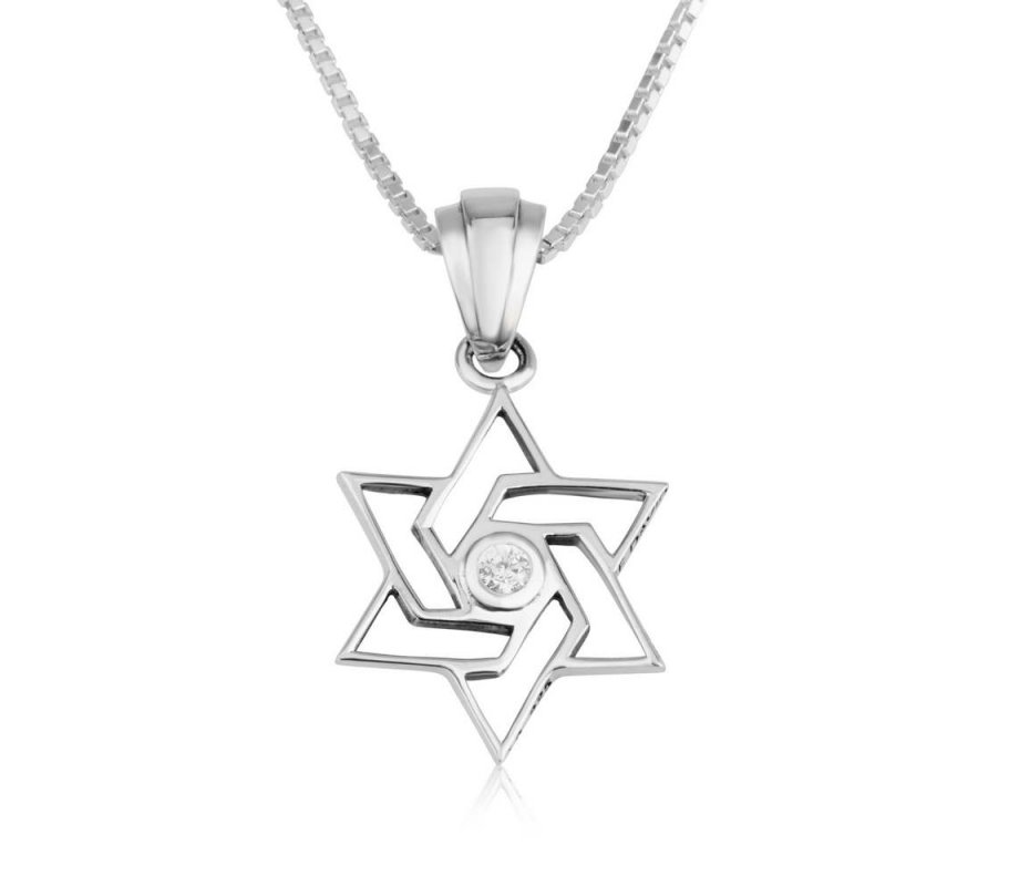 Sterling Silver Pendant Necklace - Angular Star of David with Crystals