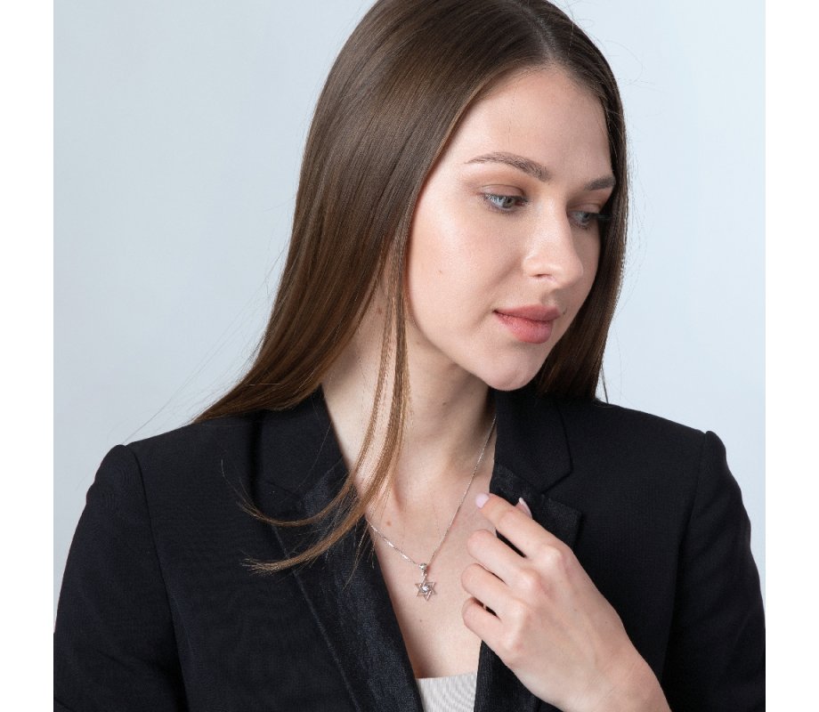 Sterling Silver Pendant Necklace - Angular Star of David with Crystals