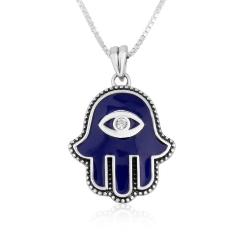 Sterling Silver Pendant Necklace - Blue Enamel Hamsa with Stone in the Eye