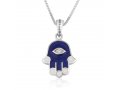 Sterling Silver Pendant Necklace - Blue Sapphire Hamsa Hand with Zircon Stone