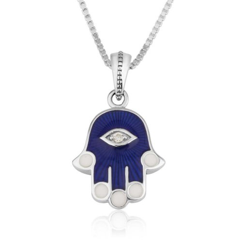 Sterling Silver Pendant Necklace - Blue Sapphire Hamsa Hand with Zircon Stone