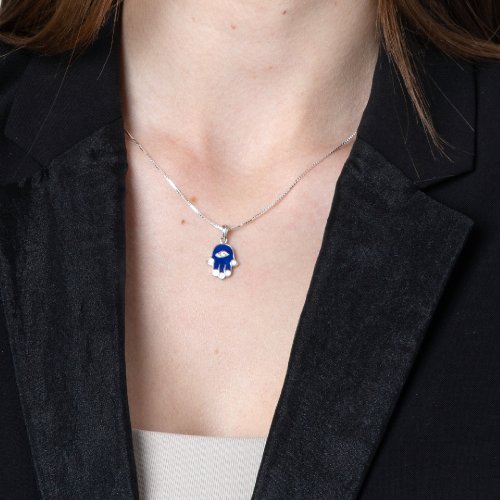 Sterling Silver Pendant Necklace - Blue Sapphire Hamsa Hand with Zircon Stone