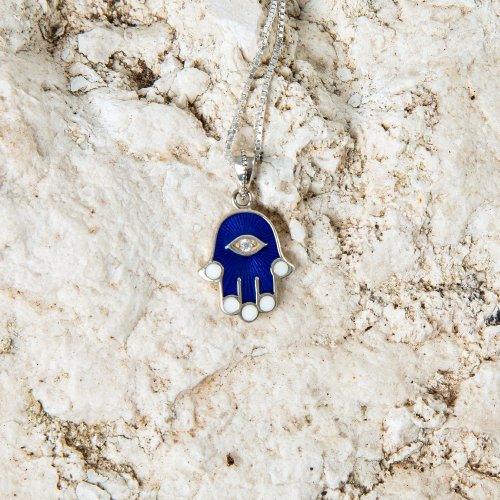 Sterling Silver Pendant Necklace - Blue Sapphire Hamsa Hand with Zircon Stone