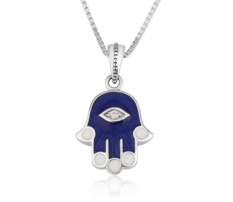 Sterling Silver Pendant Necklace - Blue Sapphire Hamsa Hand with Zircon Stone