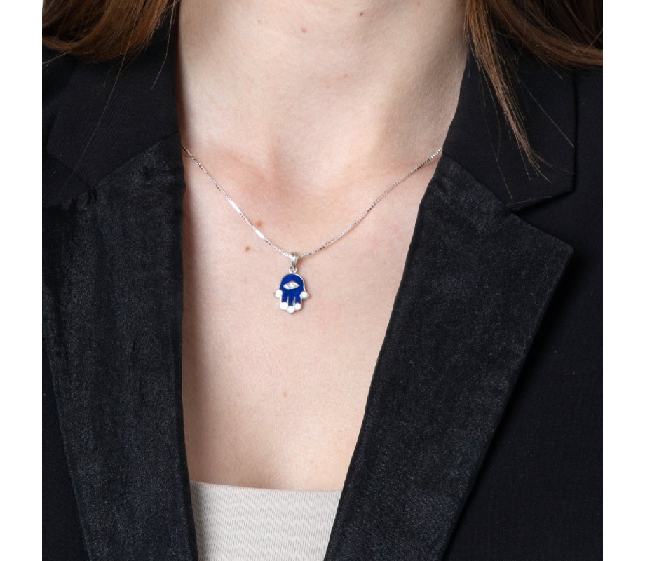 Sterling Silver Pendant Necklace - Blue Sapphire Hamsa Hand with Zircon Stone