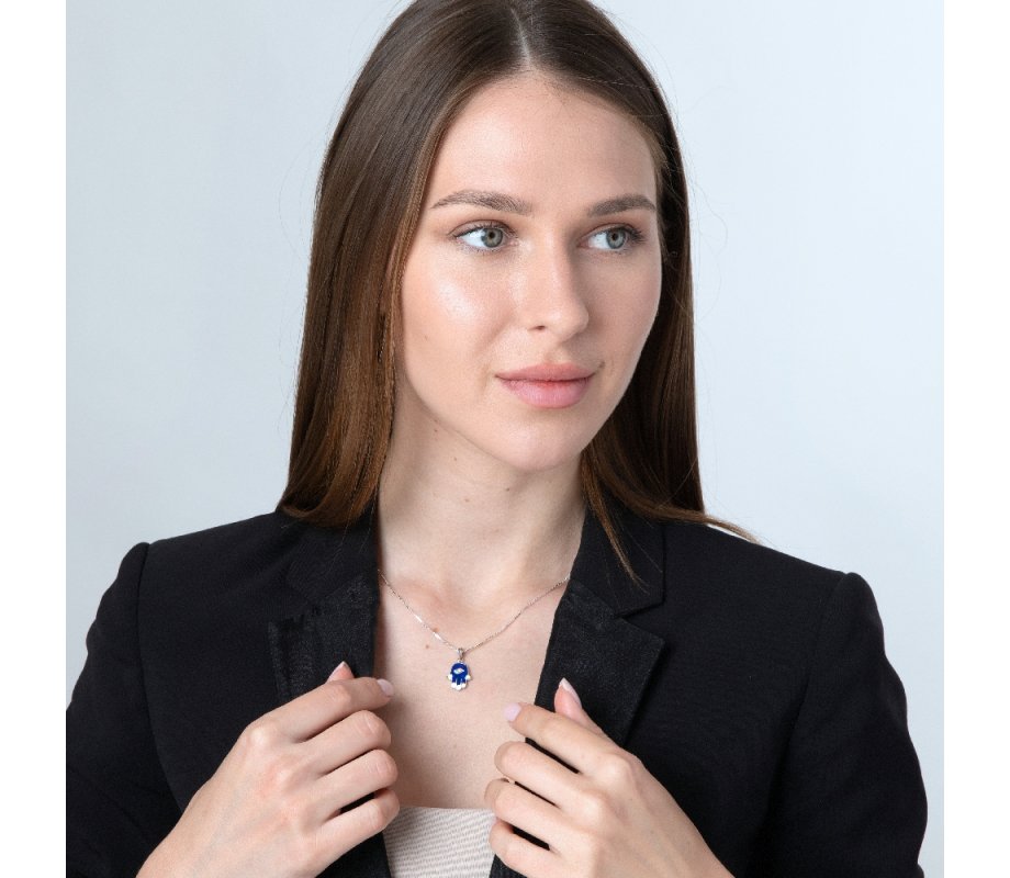 Sterling Silver Pendant Necklace - Blue Sapphire Hamsa Hand with Zircon Stone