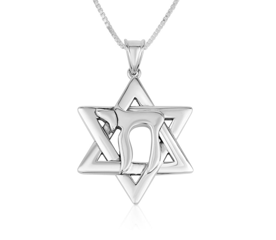 Sterling Silver Pendant Necklace - Chai Letters on Star of David