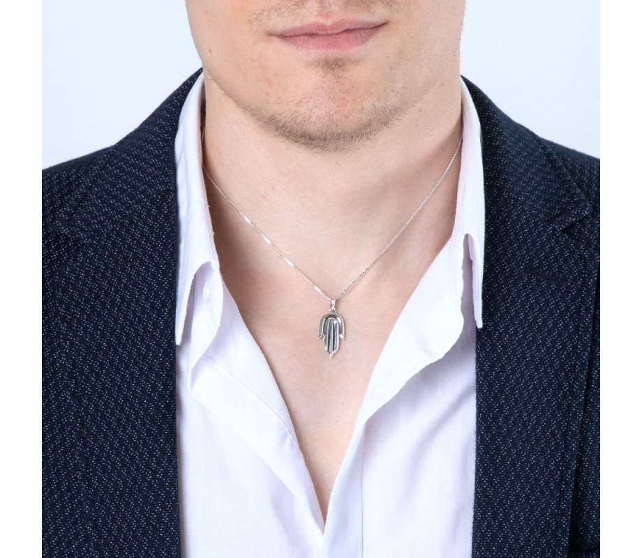 Sterling Silver Pendant Necklace - Contemporary Style Hamsa Hand