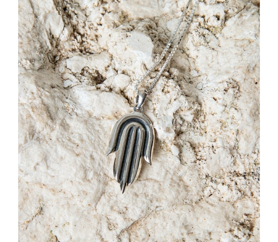 Sterling Silver Pendant Necklace - Contemporary Style Hamsa Hand