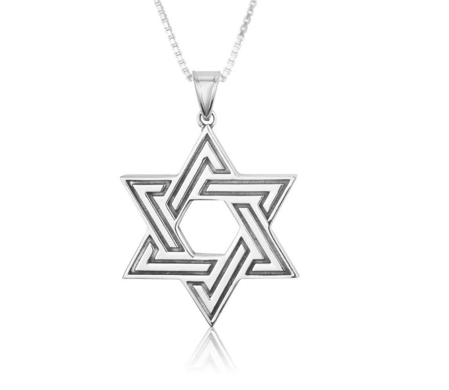 Sterling Silver Pendant Necklace - Large Star of David With Dark and Light Silver