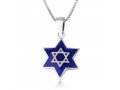 Sterling Silver Pendant Necklace - Star of David Blue Enamel - Jerusalem Images