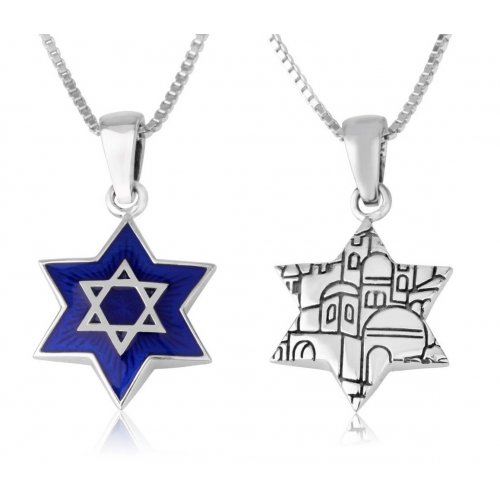Sterling Silver Pendant Necklace - Star of David Blue Enamel - Jerusalem Images