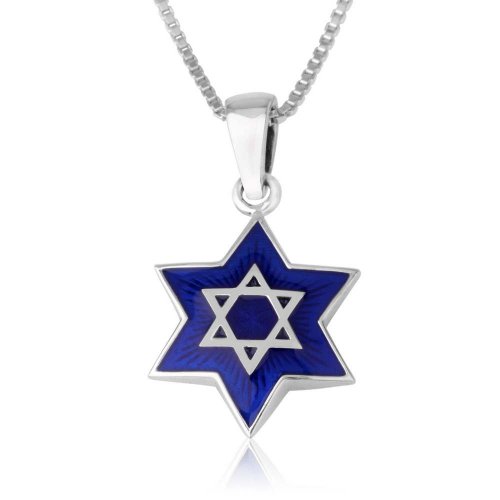 Sterling Silver Pendant Necklace - Star of David Blue Enamel - Jerusalem Images