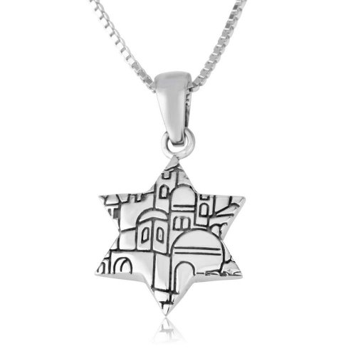 Sterling Silver Pendant Necklace - Star of David Blue Enamel - Jerusalem Images