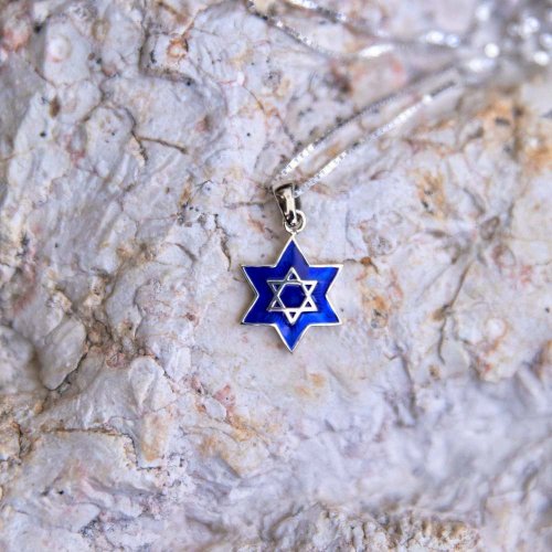 Sterling Silver Pendant Necklace - Star of David Blue Enamel - Jerusalem Images