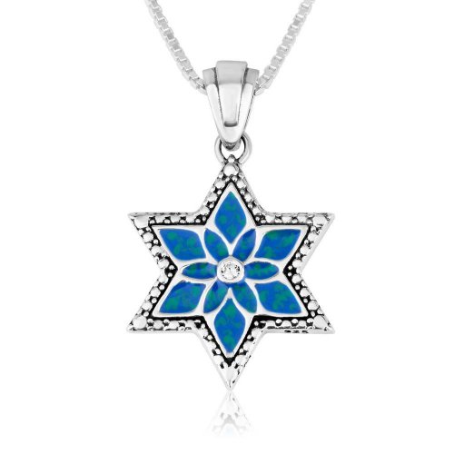 Sterling Silver Pendant Necklace  Star of David with Blue Flowers and Zircons