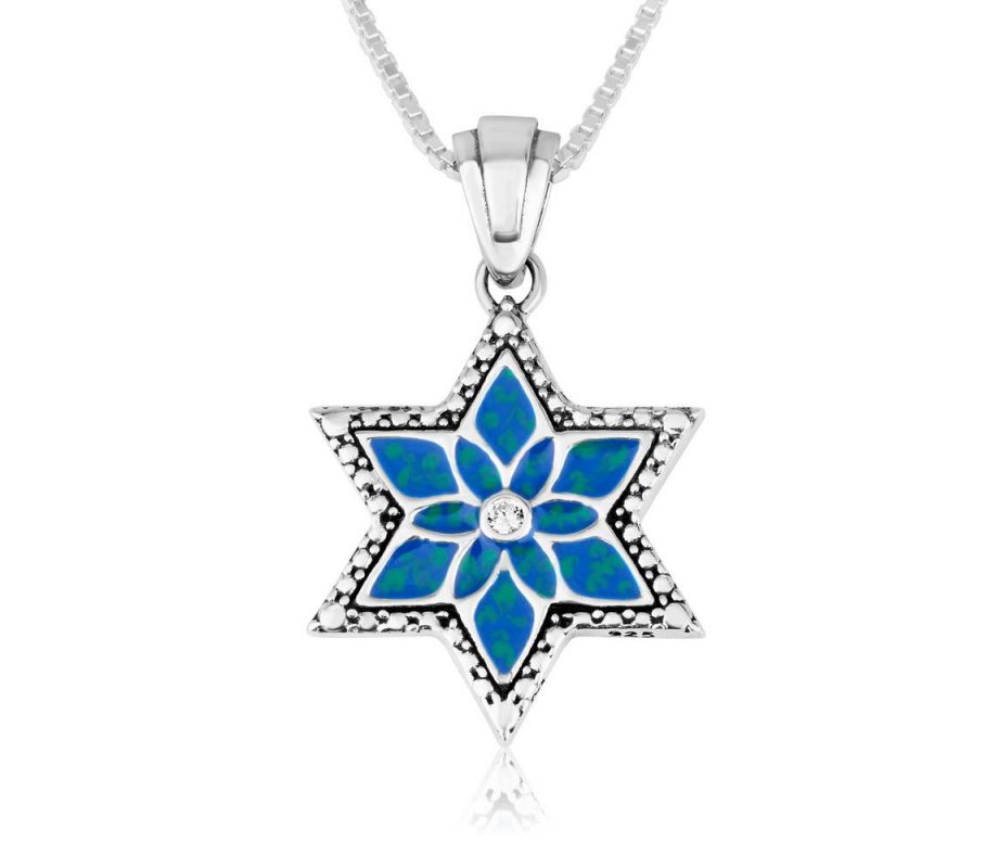 Sterling Silver Pendant Necklace – Star of David with Blue Flowers and Zircons