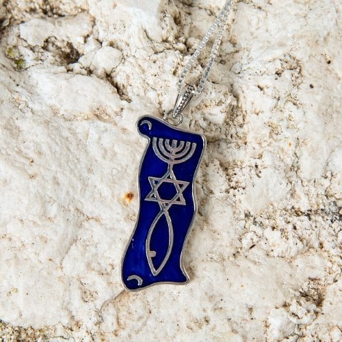 Sterling Silver Pendant Necklace, Blue Enamel - Menorah, Star and Fish Symbol