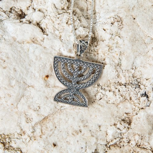 Sterling Silver Pendant Necklace, Double 7-Branch Menorah  Beaded Artwork