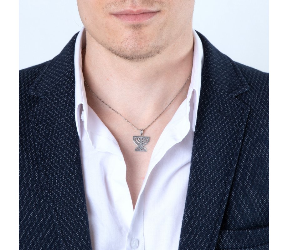 Sterling Silver Pendant Necklace, Double 7-Branch Menorah – Beaded Artwork