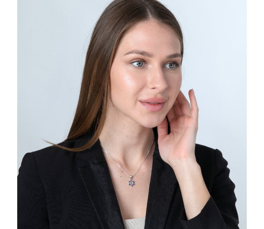 Sterling Silver Pendant Necklace, Double Star of David with Jerusalem Images