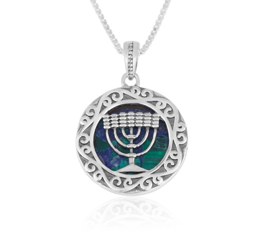 Sterling Silver Pendant Necklace, Eilat Stone and 7-Branch Menorah - Swirl Frame
