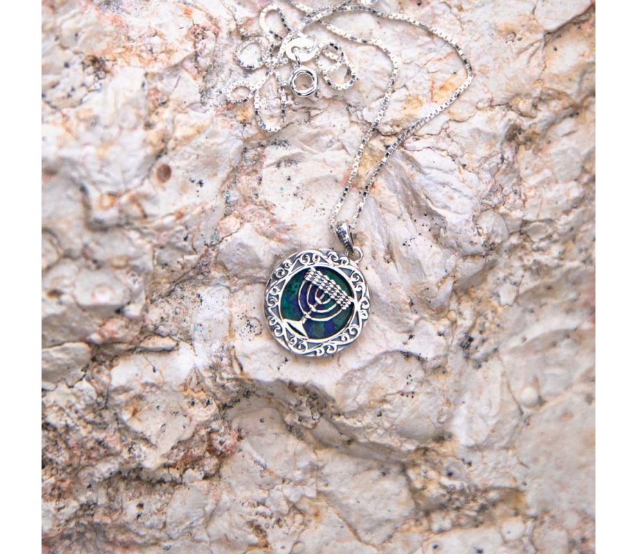 Sterling Silver Pendant Necklace, Eilat Stone and 7-Branch Menorah - Swirl Frame